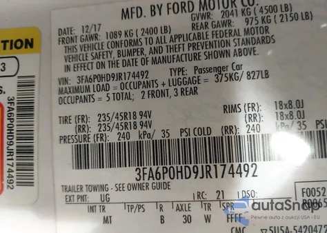 2018 Ford Fusion Se из США, поврежденный, VIN 3FA6P0HD9JR174492